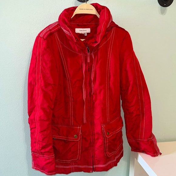 Zara Basic Women’s Red Raincoat Full Zip with Detachable Hoodie & Pockets S